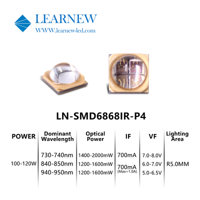 رقاقات LED فوق البنفسجية عالية الكثافة والكثافة 5-8W لطول موجة مهيمن 730-950MM