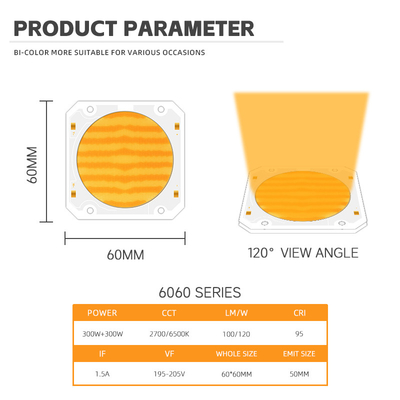 60*60 195-205V 300W 300W ثنائي CCT LED COB 200W 200W Bi Color COB LED Chip مع 90LM / W و CCT 620nm/460nm/520nm/2700K/6500K