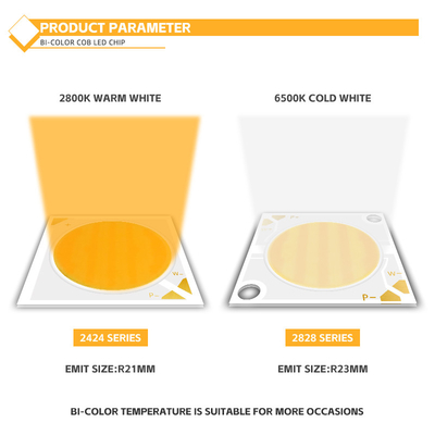 50W + 50W COB القابلة للتخفيف 2700k + 6500k شريحة 28 * 28mm 1400mA Ra95 ثنائي LED عالي الطاقة للضوء السفلي / غسل الأضواء