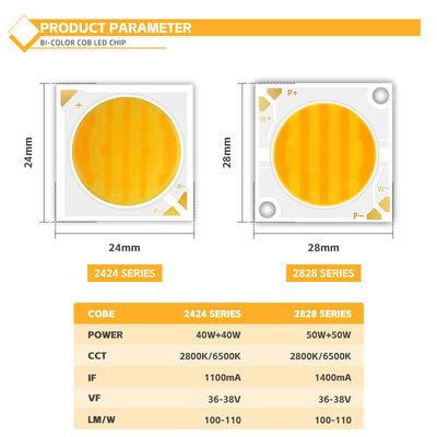 ثنائي اللون عالي CRI COB LED 30W/40W/50W/80W 2 في 1 أبيض دافئ وأبيض بارد 2424 رقاقة COB LED