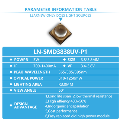 3W UVA LED Chip 365nm طول الموجة 3.8x3.8mm الحجم