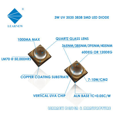 صمام ثنائي LED فوق بنفسجي SMD 3838 بطول موجي 365 نانومتر، وحدات LED فوق بنفسجية، رقاقة LED، 385 نانومتر، رقاقة طباعة LED، LED فوق بنفسجي-A بقدرة 3 واط وزاوية 60 درجة لأنظمة المعالجة