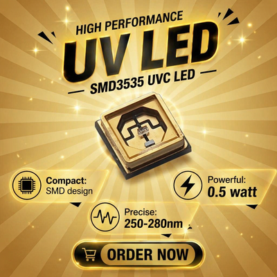 High Reliability UV LED Chips (Ingan Material) for Sterilization/Curing/Sensing Customizable Wavelengths 70 Lm/W 90 CRI 0.5W